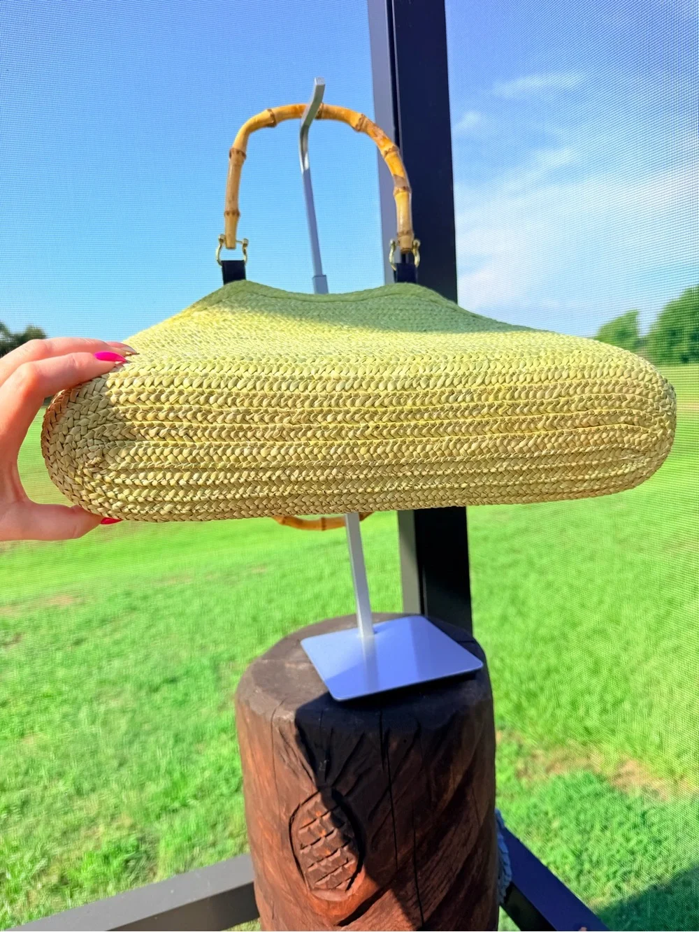 Lime Green Straw Woven Handbag Bamboo Handles Summer Beach Resort Purse